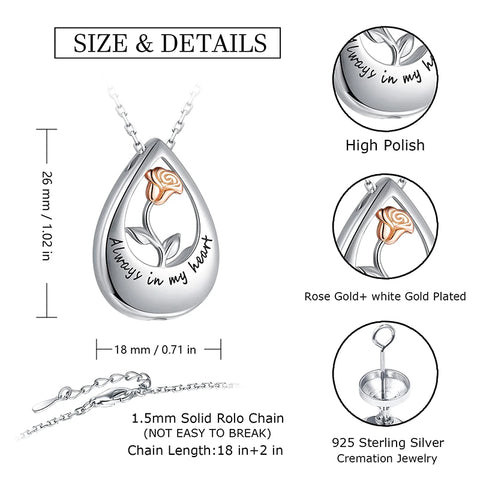 Sterling Silver 5A Cubic Zirconia Rose Infinity TearDangle Urn Necklace for Ashes