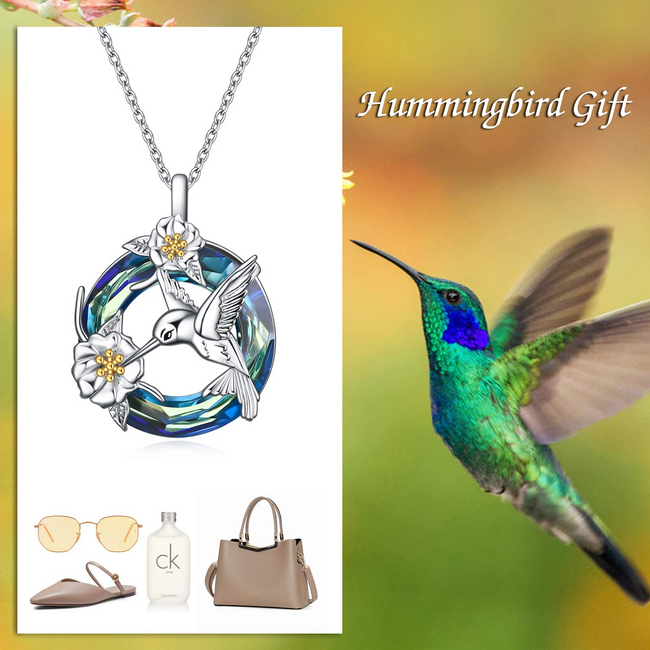 Hummingbird Necklace Gifts for Women Sterling Silver Bird Pendant Necklace with Blue Crystal Jewelry for Girls