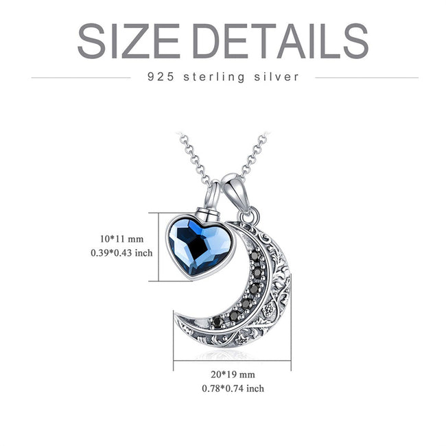 Urns Necklace for Ashes Sterling Silver Crescent Moon Pendant Cremation Memorial Keepsake Pendant with Blue Heart Crystal