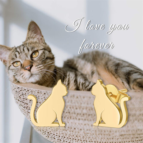 Solid 14k Gold Cat Earrings Real 14 Carat Gold Stud Earrings for Women Teens Animal Jewelry Gifts for Her