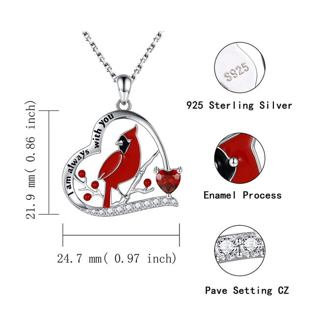 925 Sterling Silver Red Cardinal Necklace I Am Always With You Memorial Pendant Jewelry Gift for Women