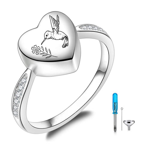 925 Sterling Silver Hummingbird Heart Urn Ring for Ashes I Carry You with Me Cremation Jewelry Hummingbird Ring