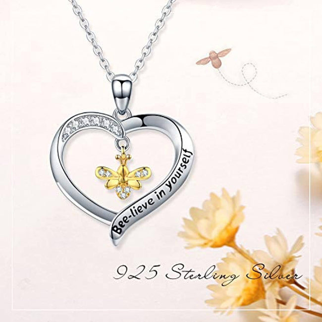 S925 Sterling Silver Bee Pendant Necklace"Bee-lieve in Yourself" Heart Necklace Inspirational Jewelry Gift for Women Animal necklace JUSTKIDSTOY 