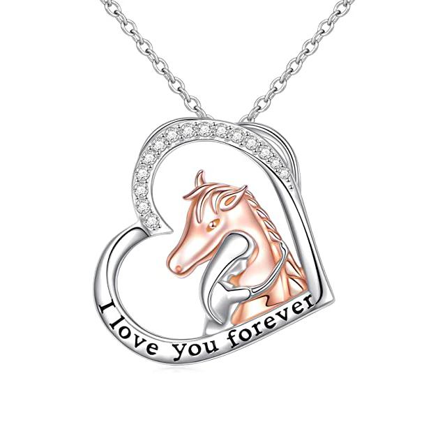 Sterling Silver Forever Love Animal Heart Pendant Necklace for Women Girlfriend Daughter Graduation Gift, 18 Inches Horse Necklace enjoy life creative I love you forever 