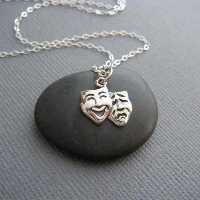 tiny sterling silver theater masks necklace comedy tragedy drama faces small play pendant happy sad dainty jewelry actor actress charm 5/8" Mask Necklace enjoy life creative 
